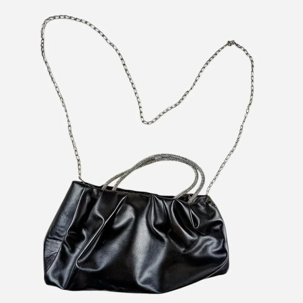 Black Faux Leather Handbag Silver Chain Strap‎ Rhinestone Handles Glamour Party